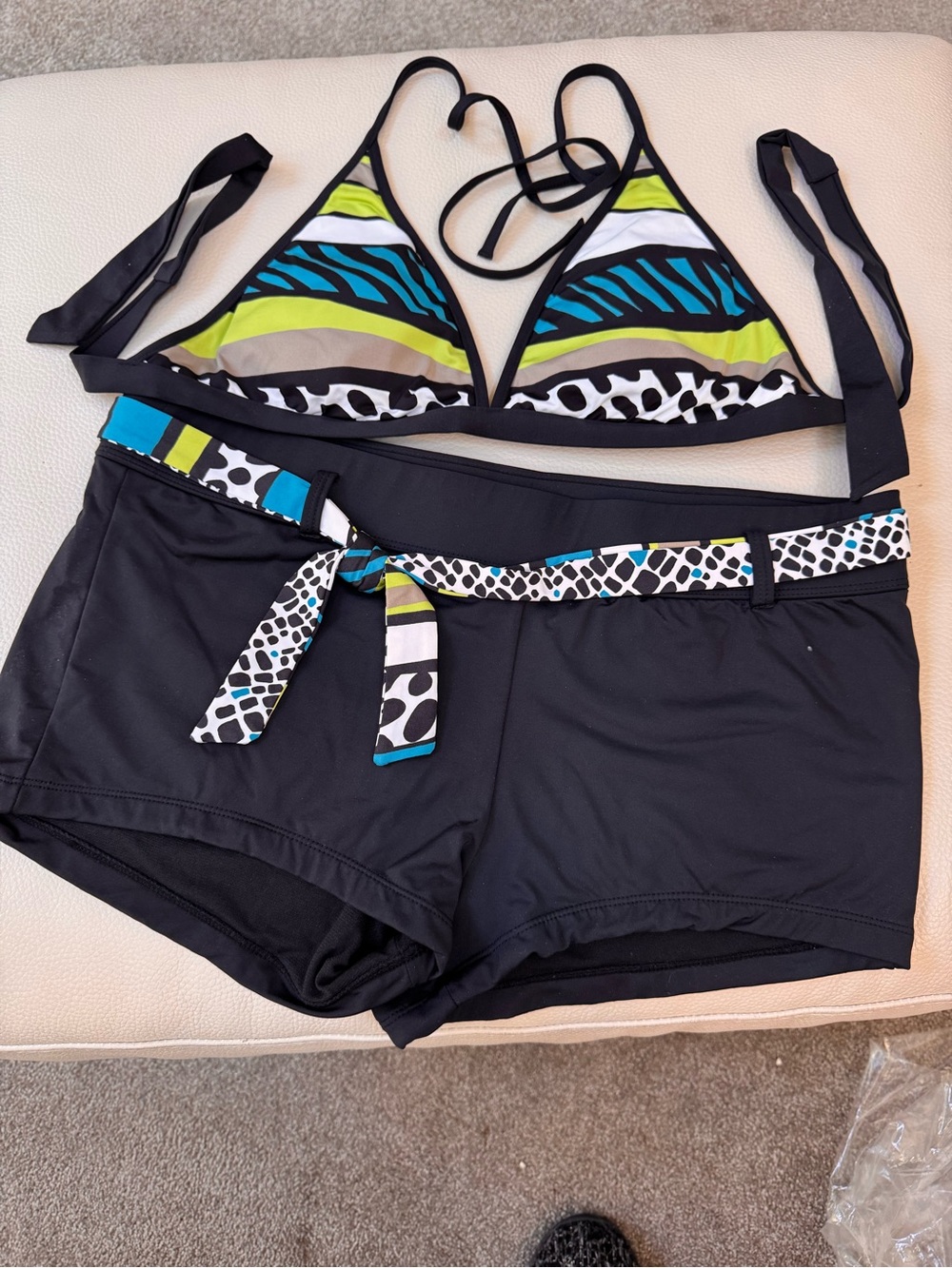 Black & Teal Patterned Triangle Bikini Top with Black Swim Shorts